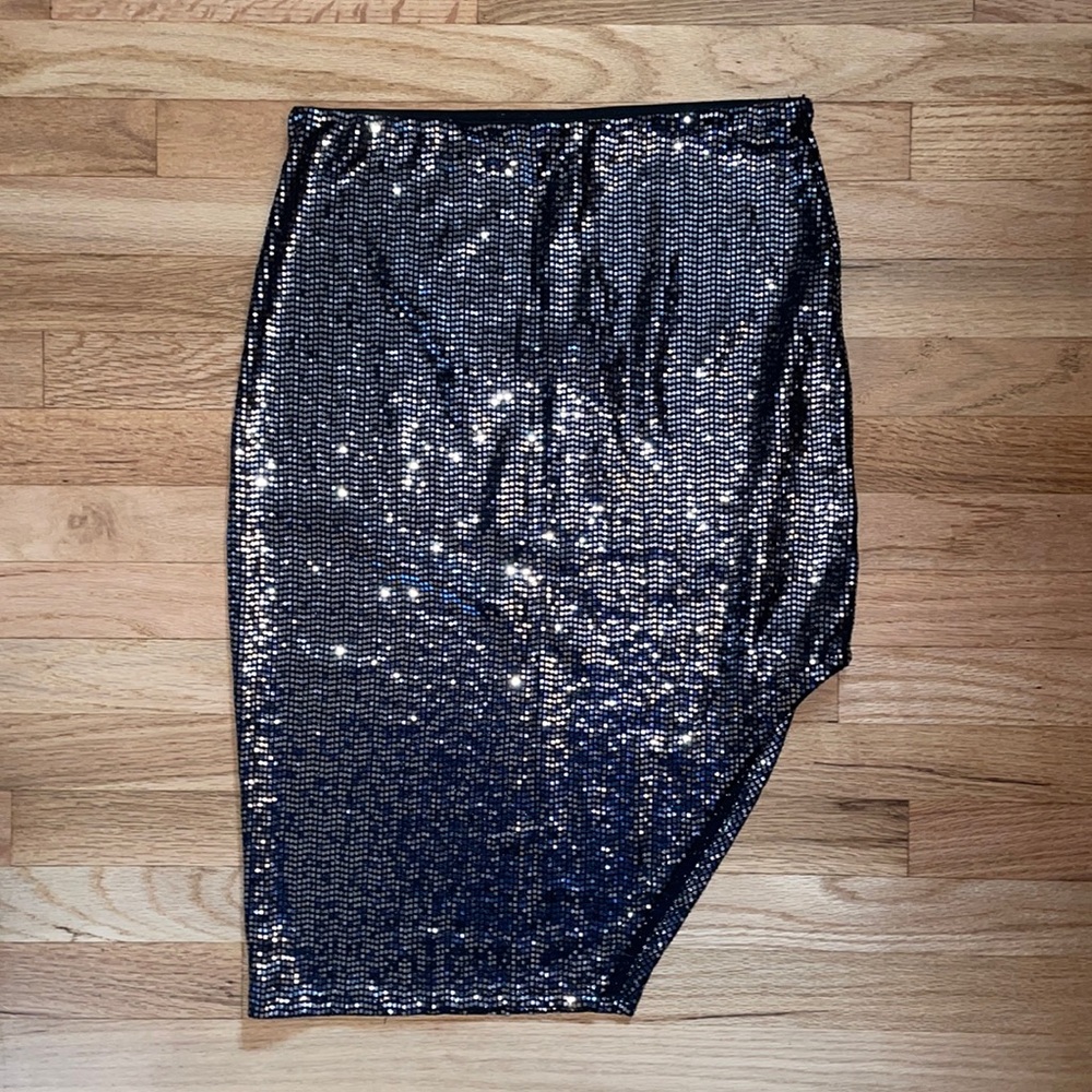 Sequined Asymmetrical Midi Skirt - Black